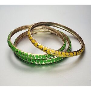 3 Vintage 1970s Yellow Green & Gold‎ Tone Animal Print Enamel Bangle Bracelets